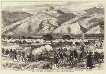 De oorlog, de Shipka-pas, vanaf de vlakte; Turks kamp op de voorgrond